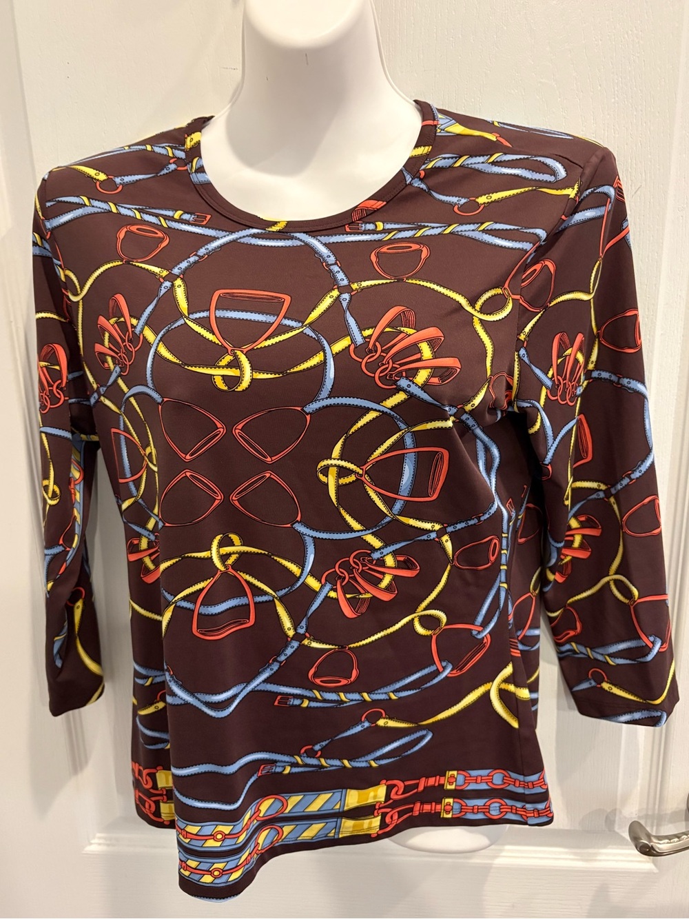 J. McLaughlin Brown 3/4 Sleeve Equestrian Belt top Size L